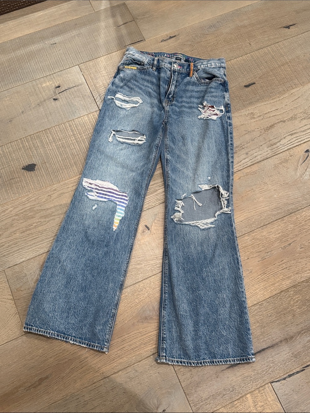American Eagle Outfitters Blue Distressed Wide-Leg Jeans with Rainbow Patch